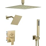 Heable Duscharmatur-Set, gebürstetes Gold, Duschsystem, Druckknopf-Umsteller, Duscharmatur mit Handheld, quadratische Deckenhalterung, 30,5 cm Duschkopf mit 15,2 cm Wandhalterung, Duschkopf
