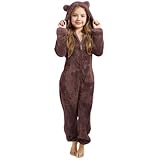 Pyjama Mädchen Fleece Einfarbig Schlafanzug mit Kapuze und Reißverschluss Overall Weich Bequem Onesie Warm Plüsch Jumpsuit Einteiler Schlafoverall Kinder Von 3 Bis 12 Jahre