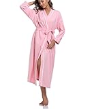 COLORFULLEAF 100% Baumwolle Bademantel Damen Leicht Lange Sauna Morgenmantel Langarm Weiche Kimono mit Taschen Frauen Nachtwäsche(Rosa,XL)
