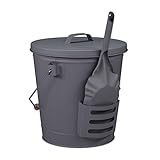 Relaxdays Ascheeimer mit Deckel & Schaufel, Stahl, Holzgriff, 19 Liter, Kaminzubehör, Aschekübel mit Henkel, grau