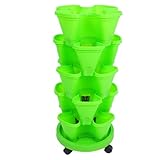 Angoily Stapelbarer Vertikaler Pflanzturm aus Witterungsbeständigem Kunststoff mit Rollen 73X33X33cm Grüner Erdbeer und Kräuterturm für Balkon und Garten