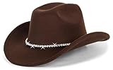 Klassischer Cowboy- und Cowgirl-Hut aus Filz für Damen und Herren, mit aufrollbarer Krempe, mit Westerngürtel, Schwarz, Coffee-One Row Diamand, 7-7.25