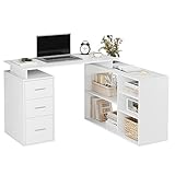 FirFurd Eckschreibtisch weiß Schreibtisch L Form Computertisch mit Bücherregal und Schubladen Eckschreibtisch mit Stauraum PC Tisch für Arbeitszimmer Homeoffice 129 x 104 x 76 cm