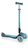 GLOBBER Elite Deluxe Lights – Tretroller Kinder, 120/80 mm, ABEC 5, 3-rädrig, höhenverstellbar, LED-Rollen, hellblau