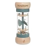 Regenmacher Rassel Baby aus Holz personalisierbar mit Name graviert Greifring für Baby Geschenk zur Geburt (Salbei)