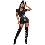 Generisch Polizei Kostüm Damen Polizistin Outfit mit Strampler Gürtel Hut Schlagstock Handschellen für Erwachsene Halloween Cop Costume Komplettes Outfit für Halloween Karneval Party (Black, XXL)
