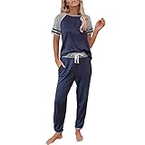 Damen-Pyjama, Größe 42, kurzärmelig, weich, zweiteilig, Loungewear, Oberteil und bequeme Hose, Pyjama-Set, Nachtwäsche mit Taschen, Kordelzug, Damen-Nachtwäsche, Loungewear-Set, Outfits,