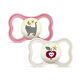 MAM Supreme Night Schnuller | 16+ Monate | leuchtende Babyschnuller | 94% Akzeptanz | beugt Zahnfehlstellungen vor | besonders hautfreundlich | SkinSoft Silikon | Katze/Apfel | 2 Stück