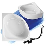 BADLAND Badewanne Original Weiß Acryl Wanne Eckbadewanne STANDARD 150x150 KOMPLETTSET SET mit Weiß Acrylschürze + Füßen und Exklusive Chrom Automatik Ablaufgarnitur Made in EU 4in1