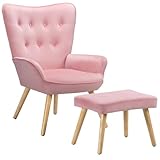 BAKAJI Sessel mit Hocker, Sessel mit Pouf, Fußstütze für Wohnzimmer, gepolsterter Schlafzimmerstuhl mit weichem Samtbezug, hohe Armlehnen, modernes Design (Rosa)