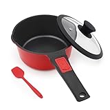 Bobikuke Kasserolle 18cm mit Deckel, 2L Antihaft-Stielkasserolle mit Abnehmbarer Griff, Milchtopf Geeignet für alle Herdarten, Ofenfest (Rot-Schwarz)