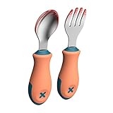 ORFOFE Sicheres Kinderbesteck mit freiem Silikon Löffel und Edelstahl Gabel Kurzstielige Esshilfe für Kleinkinder Leicht zu Reinigen Angenehme Oberfläche Korallenorange