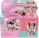 5-TEILIGES KINDERGESCHIRRSET. TELLER, SCHÜSSEL, 260ML GLAS UND BESTECK. BPA-FREI | MINNIE MOUSE MOUSE SPRING LOOK, Rose