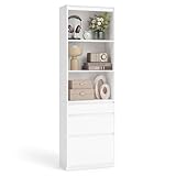 VASAGLE Bücherregal, Hochschrank, 3 unterschiedlich große Schubladen, verstellbare Ablagen, 180 cm hoch, für Wohnzimmer Schlafzimmer Arbeitszimmer, modern, platzsparend, schneeweiß LBC188W01