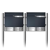 Metzler Standbriefkasten für Mehrfamilienhaus 2er in Anthrazit RAL 7016 – Freistehender Doppelbriefkasten für 2 Familienhaus mit Zeitungsfach und Edelstahl Standfüße –Lesergravur – Modell Siebert