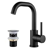 Schwarze Waschtischarmatur, 360° schwenkbar, Edelstahl, Waschbeckenarmaturen mit Pop-Up-Ablaufgarnitur, Einhebel-Mischbatterie für Warm- und Kaltwassermischer, G1/2 UK-Standardarmaturen