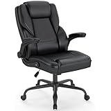 ZZH Executive Bürodrehstuhl, Ergonomischer Hochlehner mit PU-Leder Bezug, Chefsessel mit hochklappbaren Armlehnen, Lendenwirbelstütze, höhenverstellbar & Schwenkfunktion, Schwarz
