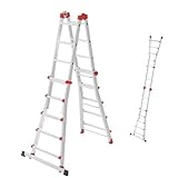 Hailo M80 Alu-Multifunktionsleiter - Schiebeleiter 4 x 5 Sprossen belastbar bis 150 kg - Sicherheitsgelenke und Rastgriffe - sprossenweise höhenverstellbar - Mehrzweckleiter rostfrei - Silber