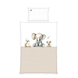 Herding babybest Kleinkinder-Bettwäsche-Set, Cuddle Crew, Wendemotiv, Bettbezug 100x135cm, Kopfkissenbezug 40x60cm, Mit Hoteleinschlag und Reißverschluss, 100% Baumwolle/Renforcé, Weiß/Beige