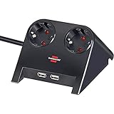 Brennenstuhl Desktop-Power Steckdosenleiste 2-Fach für den Tisch (Tischsteckdose mit 1,8m Kabel, Mehrfachsteckdose mit Gummifüßen und 2-Fach USB) schwarz poliert