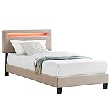 CARO-Möbel Polsterbett Glace 90x200 cm mit LED Beleuchtung mit Farbeinstellung, pflegeleichter Stoffbezug, modernes Design, Schlichtes bequemes Bett gepolstert, weiß