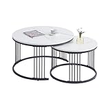 ZZINOKE Couchtisch Rund 2er Set,Weiß Couchtisch Marmor mit Schwarz Metallgestell,80x80 et 60x60cm,Wohnzimmertisch Modern,Moderne Wohnzimmertisch,Satztische fürs Wohnzimmer