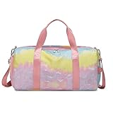 Kinder Sporttasche Mädchen Damen Mittelgroß wasserdichte Reisetasche Tanz Gymnastik Tasche mit Schuhfach Nasser Tasche Schultergurt Regenbogen Overnight Weekender Reisetasche, Gelb Mauve