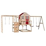 Wendi Toys M27R-Gym Stelzenhaus Kinder Outdoor mit Kletterwand, Doppelschaukel & Gym, 197 x 563 x 242 cm, Rot, FSC Holz – Großes Kinderspielhaus mit Plattform & Turngeräten für kreatives Spielen