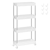 SONGMICS Rollwagen, Küchenwagen, Küchenregal, Nischenregal, mit 6 Haken, 360° drehbare Räder, Stahlgestell, Bad, Küche, Büro, 4 Ebenen, weiß KSC08WT