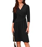 GRACE KARIN Damen 3/4 Ärmel Midikleid Wickelkleid V-Ausschnitt Strickkleid für Herbst Taillenband Schwarz XL