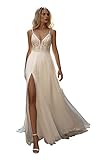 YMSHA Damen Hochzeitskleider mit V-Ausschnitt für Braut 2020 Spitzenapplikation Brautkleid Träger Ballkleider 009 - elfenbein - 34