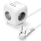 Aigostar Steckdosenwürfel mit Schalter 3 Fach Mehrfachsteckdose Würfel 2 USB-A- und 1 USB-C-, 1.5M Kabel, Weiß