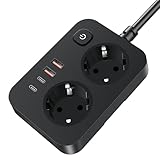 EYMUOBC 6-in-1 Mehrfachsteckdose mit USB,2 Fach Steckdosenleiste mit Schalter, Überspannungsschutz, 2m Verlängerungskabel für Schreibtisch Küche,Office, Zuhause und Reisen