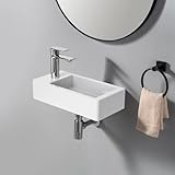 JOMARIA Hänge oder Aufsatzwaschbecken Gäste WC, Aufsatzbecken Waschbecken Bad, Kleines Mini Hängewaschbecken, Keramik Waschtisch Klein, Hahnloch Links, (360 x 190 x 110 mm)