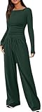 Mfhmom Damen Zweiteiler Elegant Oberteil und Hose Set Langarm Top mit U-Boot Ausschnitt Lange Hosen mit Weiten Beinen Hausanzug