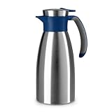 Emsa Soft Grip Isolierkanne, 1 Liter, Edelstahl, 12 Stunden heiß + 24 Stunden kalt, Auslaufsicher, Rutschfester Griff, Farbe Blau, N4120100