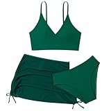 3-teiliger Badeanzug für Mädchen, einfarbig, Wickel-Bikini mit gerüschtem Überwurfrock-Set (Dark Green, 10-11 Years)