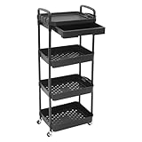 czyuRachel 4 Ebenen Küchenwagen Schmal, Rollwagen mit 4 Haken und 2 seitliche Ablagefächer, bis 15 kg, Badrollwagen, Küchennischenwagen, 40x30x110 cm, Schwarz