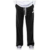 Jogginghose für Herren, weite Beine, Cord, lockere Passform, weite Beine, einfarbig, athletisch, offene Unterseite, Loungehose, gerades Bein, offenes Bein, hohe Taille, Jogginghose, Schwarz , L