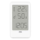 ADE Thermometer mit Luftfeuchtigkeitsmesser innen | digitale Badezimmeruhr mit Temperatur | Feuchtigkeitsmessgerät mit Uhrzeit | Hygrometer für Büro, Kinderzimmer, Schlafzimmer, Bad | Hochformat weiß