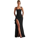 XFSRG Sommerkleid Damen Quadratischer Ausschnitt Schlitz Maxikleid Sexy Elegant Lang Hochzeit Cocktailkleid Partykleid(Schwarz/L)