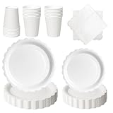 PYAILI Weiß Partygeschirr, 96 Stück Pappteller Set mit Blumenmuster für 24 Gäste, Papier Teller Pappbecher Servietten für Geburtstag, Muttertag, Babyparty, Bridgerton, Teeparty