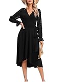 KOJOOIN Damen Wickelkleid Tüll Langarm Tunika Kleid V-Ausschnitt Skaterkleid Midikleid Casual Swing Kleid Knielanges Partykleid mit Gürtel（Verpackung MEHRWEG）,Schwarz, L
