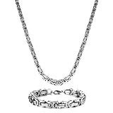 LOCCY Königskette Silber Edelstahl, 4/5/6 mm Byzantinische Vintage-Kette, Halskette & Armband Set, Edelstahl für Herren & Damen, L51-71 cm, B4-8 mm