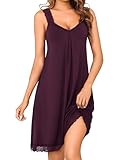 Uniexcosm Nachthemd Damen Ärmelloses Kurz Sexy Negligee Baumwolle Nachtkleid Spitze V-Ausschnitt Nachtwäsche Sleepshirt Soft Sleepwear A:Dunkellila L