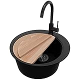 PRIMAGRAN Granitspüle Schwarz 50x50cm, Spülbecken Rund 1 Becken + Küchenarmatur 32x20cm + Zuberhor-Set, Küchenspüle ab 45er Unterschrank - Pisa S027