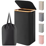 Lifewit 100L Wäschekorb mit Deckel, Wäschekörbe für Wäsche mit Bambus Griffe und Eine Abnehmbare Wäschesack, Große Faltbare Wäschekorb für Schlafzimmer, Bad, Schlafsaal, Waschküche, Schwarz