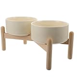 ifundom Erhöhte Keramik Futternäpfe 850 ml mit Rutschfestem Holzständer für Kleine Hunde und Katzen Doppelnäpfe für Futter und Wasser 15,5cm Hoher Napfständer