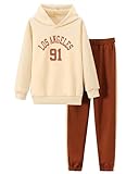 HIGHUZZA 2-teiliges Outfit für Mädchen, Kapuzenpullover, Sweatsuit, Herbst, Winter, Kleidung, Sweatshirt und Jogginghose, Tween-Kleidungssets, Khaki-Braun, 11 Jahre