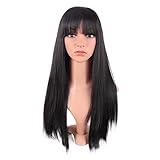 MapofBeauty 22 Zoll/56 cm Frauen lange gerade flache Pony Kunsthaar hitzebeständiges Faserhaar für Party Cosplay Perücke (Braun Schwarz)